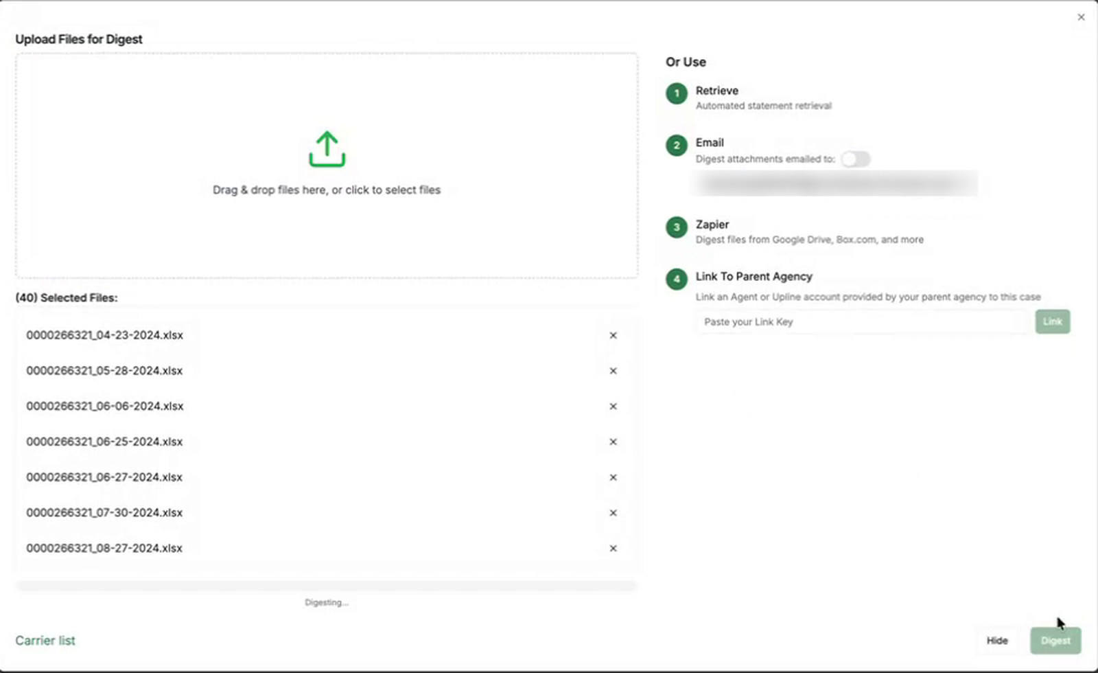 ComTrack Digest upload window where statements from many carriers are added by drag and drop, automatic retrieval, email or Zapier