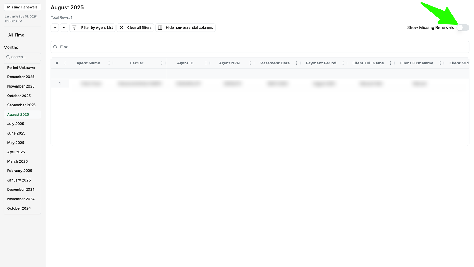 ComTrack Missing Renewals view showing commission data split by month with the Show Missing Renewals toggle